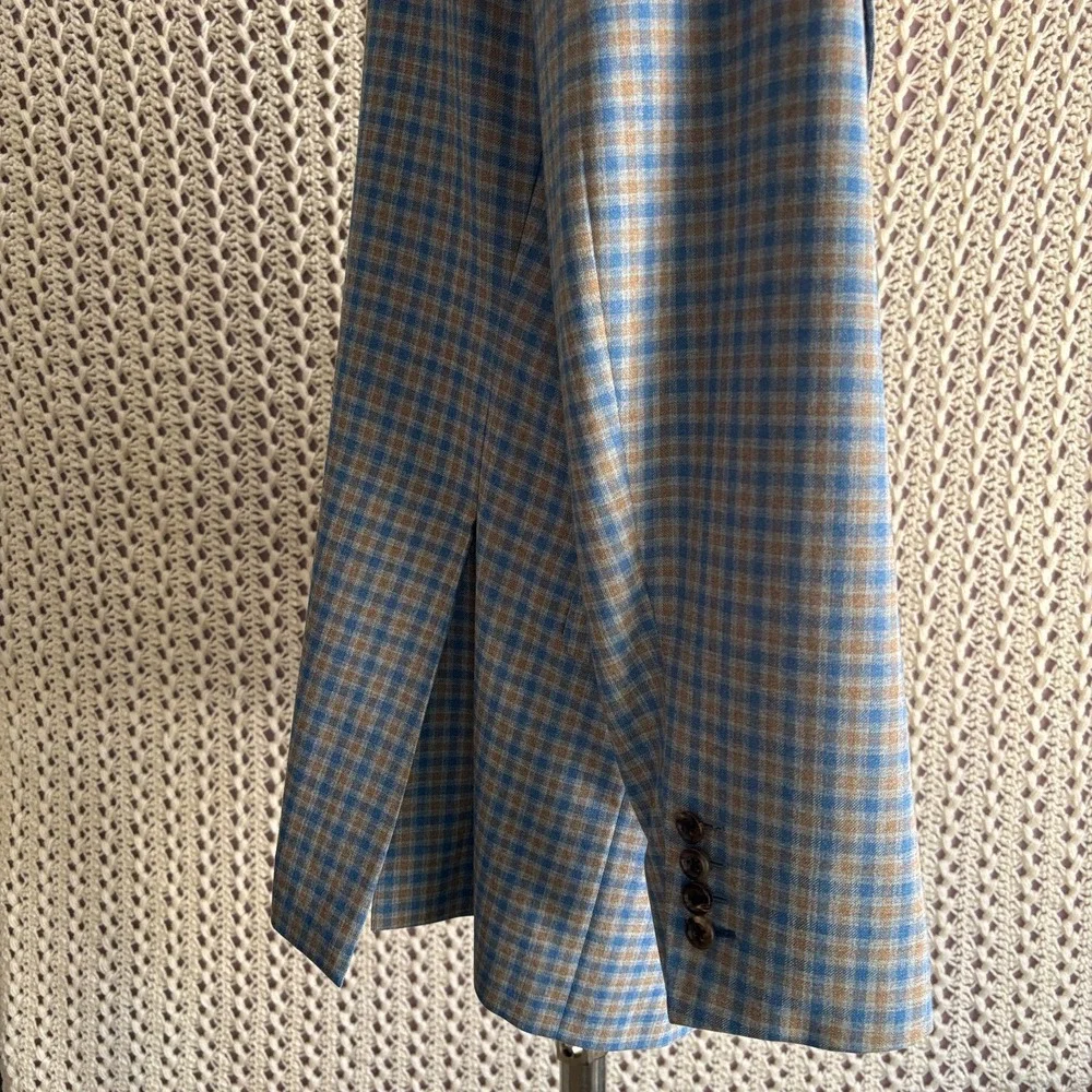 Bespoke Holland & Sherry Tom James Check Wool Sport‎ Coat Tailored Fit Blue 46L